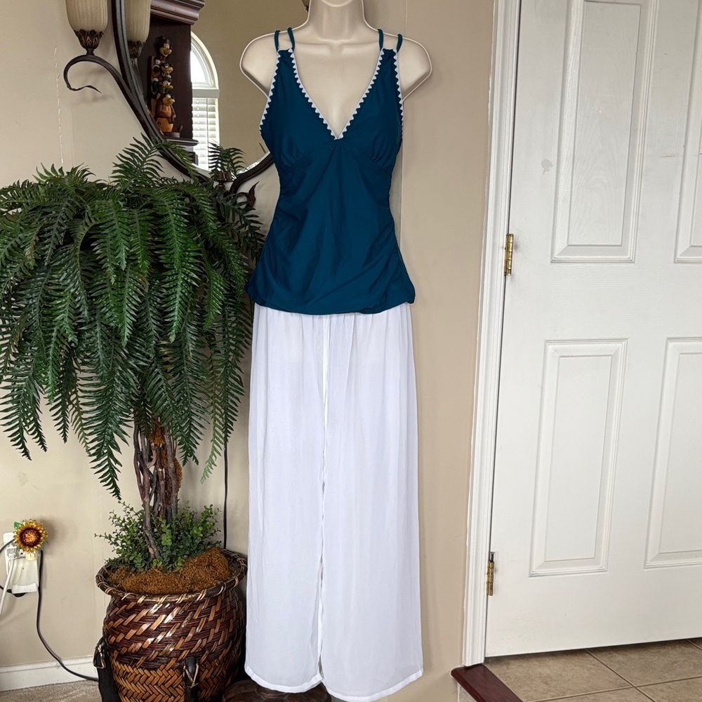 Brand New Teal Blue Tankini Swim Top Bra Cups Sheer White Flyaway Coverup Pants